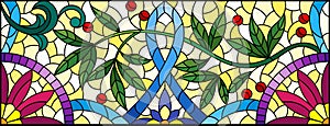 Stained glass illustration with  abstract flowers, leaves and curls on a yellow background, rectangular horizontal image