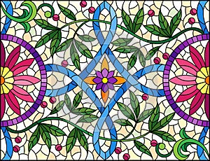 Stained glass illustration with abstract flowers, leaves and curls on a yellow background, rectangular horizontal image