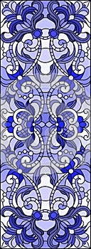 Stained glass illustration with abstract flowers, swirls and leaves  on a light background,horizontal orientation, blue tone
