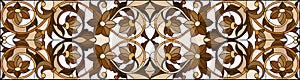 Stained glass illustration with abstract flowers, swirls and leaves on a light background,horizontal orientation, sepia