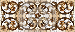 Stained glass illustration with abstract flowers, swirls and leaves  on a light background,horizontal orientation, sepia