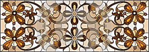 Stained glass illustration with abstract flowers, swirls and leaves  on a light background,horizontal orientation, sepia