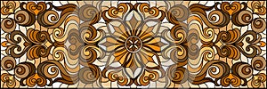 Stained glass illustration with  abstract flowers, swirls and leaves  on a light background,horizontal orientation, sepia