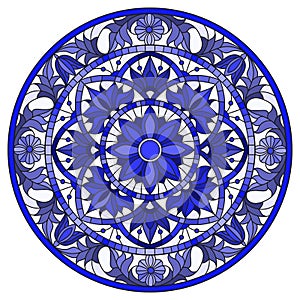 Stained glass illustration with abstract flowers, swirls and leaves on a light background,round image in frame, tone blue