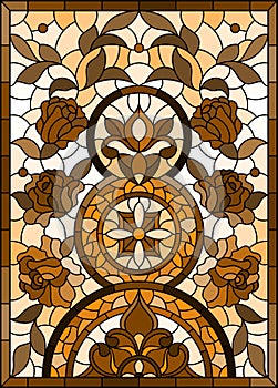 Stained glass illustration with  abstract flowers, swirls and leaves  on a light background,vertical orientation, tone brown, vert