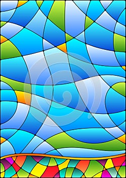 Stained glass illustration with  abstract geometric background, blue tones, vertical orientation