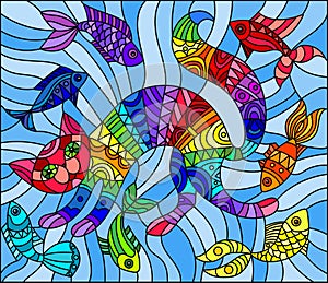 Stained glass illustration abstract geometric rainbow cat and fish on a blue background