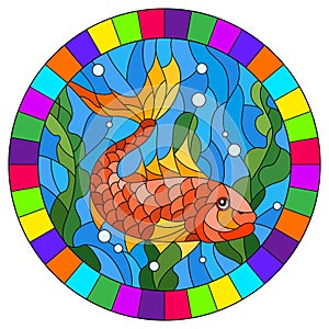 Stained glass illustration with  an abstract gold fish on the background of water and algae