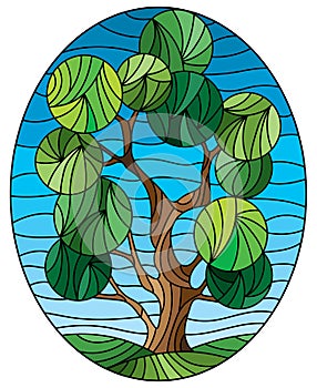Stained glass illustration with an abstract green tree on a background of blue sky, oval image