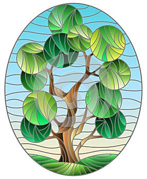 Stained glass illustration with  an abstract green tree on a background of blue sky, oval image
