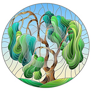 Stained glass illustration with an abstract green tree on a background of blue sky, oval image