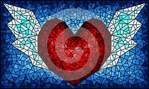 Stained glass illustration with  an abstract heart with wings on a blue background, rectangular image