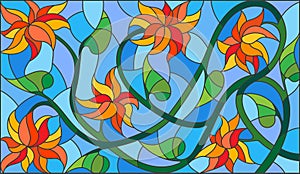 Stained glass illustration with abstract orange flowers on a blue background,horizontal orientation