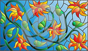 Stained glass illustration with abstract orange flowers on a blue background,horizontal orientation