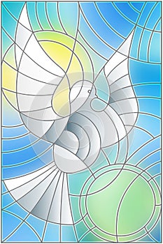 Stained glass illustration with abstract pigeon and the sun in the sky