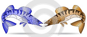 Stained glass illustration with abstract pike perch fishes isolated on a white background, tone blue and brown