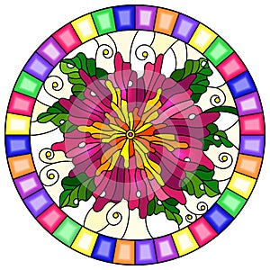 Stained glass illustration with abstract pink flower with leaves and dew drops on light background,round picture frame in bright