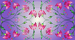 Stained glass illustration with abstract pink flowers on a purple  background,horizontal orientation