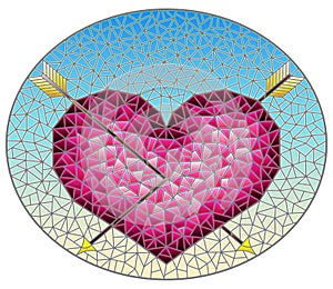 Stained glass illustration with   an abstract pink heart pierced by arrows on a blue background,oval image
