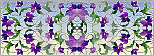 Stained glass illustration with abstract purple flowers on a sky background,horizontal orientation
