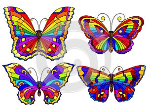 Stained glass illustration with abstract rainbow butterflies   isolated on white background