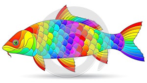 Stained glass illustration with  an abstract rainbow fish, an animal isolated on a white background