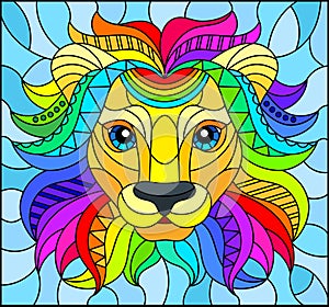 Stained glass illustration with abstract rainbow lion head on a blue background rectangular image photo