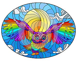 Stained glass illustration with  abstract rainbow owl flying on sky background with sun and clouds , oval image