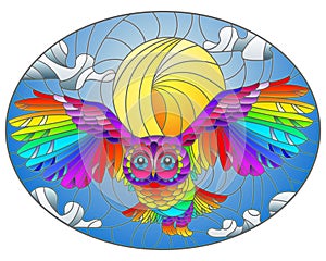 Stained glass illustration with  abstract rainbow owl flying on sky background with sun and clouds , oval image