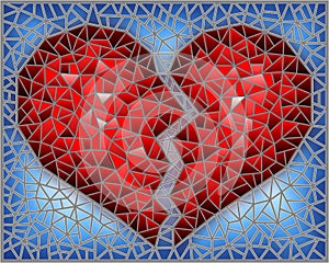 Stained glass illustration with  an abstract red broken heart  on a blue background, rectangular image