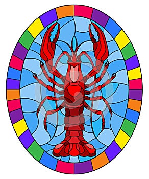 Stained glass illustration with abstract red crayfish on a blue background , oval picture in a bright frame