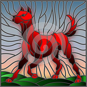 Stained glass illustration abstract in red dog on a background of meadows and sky