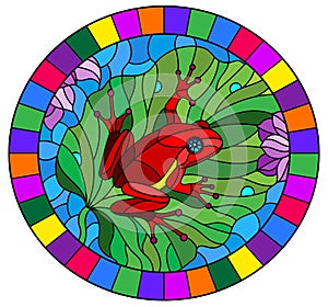 Stained glass illustration with abstract red frog on Lotus leaf on water and flowers, oval image in bright frame