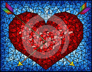Stained glass illustration with an abstract red heart pierced by arrows on a blue background, rectangular image