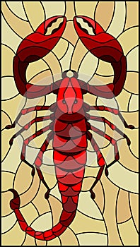 Stained glass illustration with abstract red Scorpion on brown background