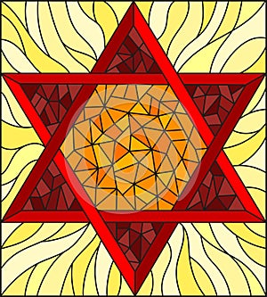 Stained glass illustration with an abstract red six-pointed star on a yellow background