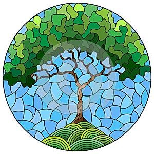 Stained glass illustration with an abstract round green tree on a background of blue sky, round image