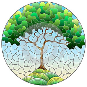 Stained glass illustration with  an abstract round green tree on a background of blue sky, round image