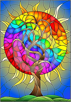 Stained glass illustration with an abstract round rainbow tree on a background of sky and sun