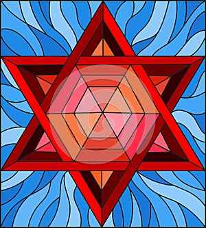 Stained glass illustration with an abstract six-pointed red star on a blue background