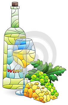 Stained glass illustration with an abstract still life with wine , figure isolated on a white background