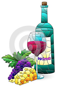 Stained glass illustration with  an abstract still life with wine , figure isolated on a white background