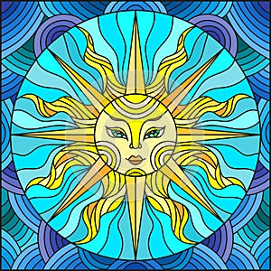 Stained glass illustration with an abstract sun on wavy background