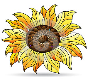Stained glass illustration with abstract sunflower flower, flower isolated on white background