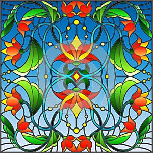 Stained glass illustration with abstract swirls,flowers and leaves on a blue background