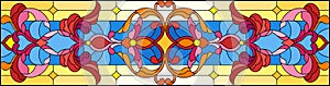 Stained glass illustration with abstract swirls,flowers and leaves on a blue background,horizontal orientation