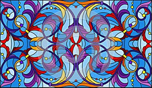 Stained glass illustration with abstract swirls,flowers and leaves on a blue background,horizontal orientation