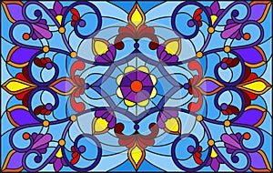 Stained glass illustration with abstract swirls,flowers and leaves on a blue background,horizontal orientation