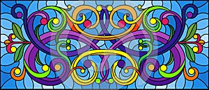 Stained glass illustration with  abstract  swirls,flowers and leaves  on a blue background,horizontal orientation