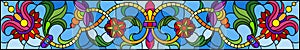 Stained glass illustration with abstract  swirls,flowers and leaves  on a blue background,horizontal orientation
